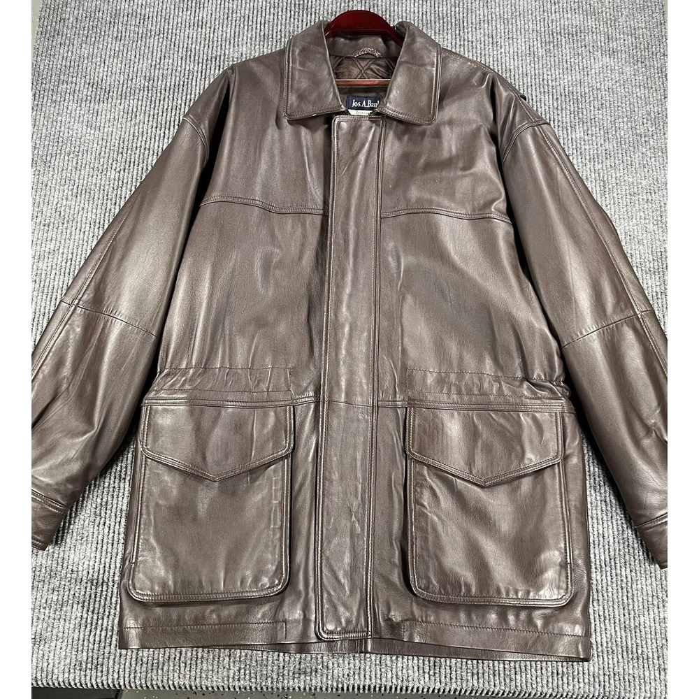 Jos A Bank Coat Mens Large Brown Leather Quilted Lined Full Zip Pockets Overcoat